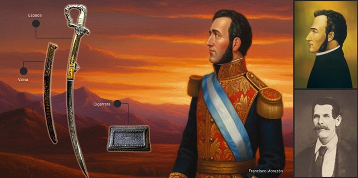 La espada que usaba Francisco Morazán y que está en poder de sus descendientes nicaragüenses. A la izquierda, arriba, Francisco Morazán. Abajo, su hijo Francisco Morazán Moncada, hondureño, pero se asentó en Chinandega tras la muerte de su padre. FOTO/ ARTE